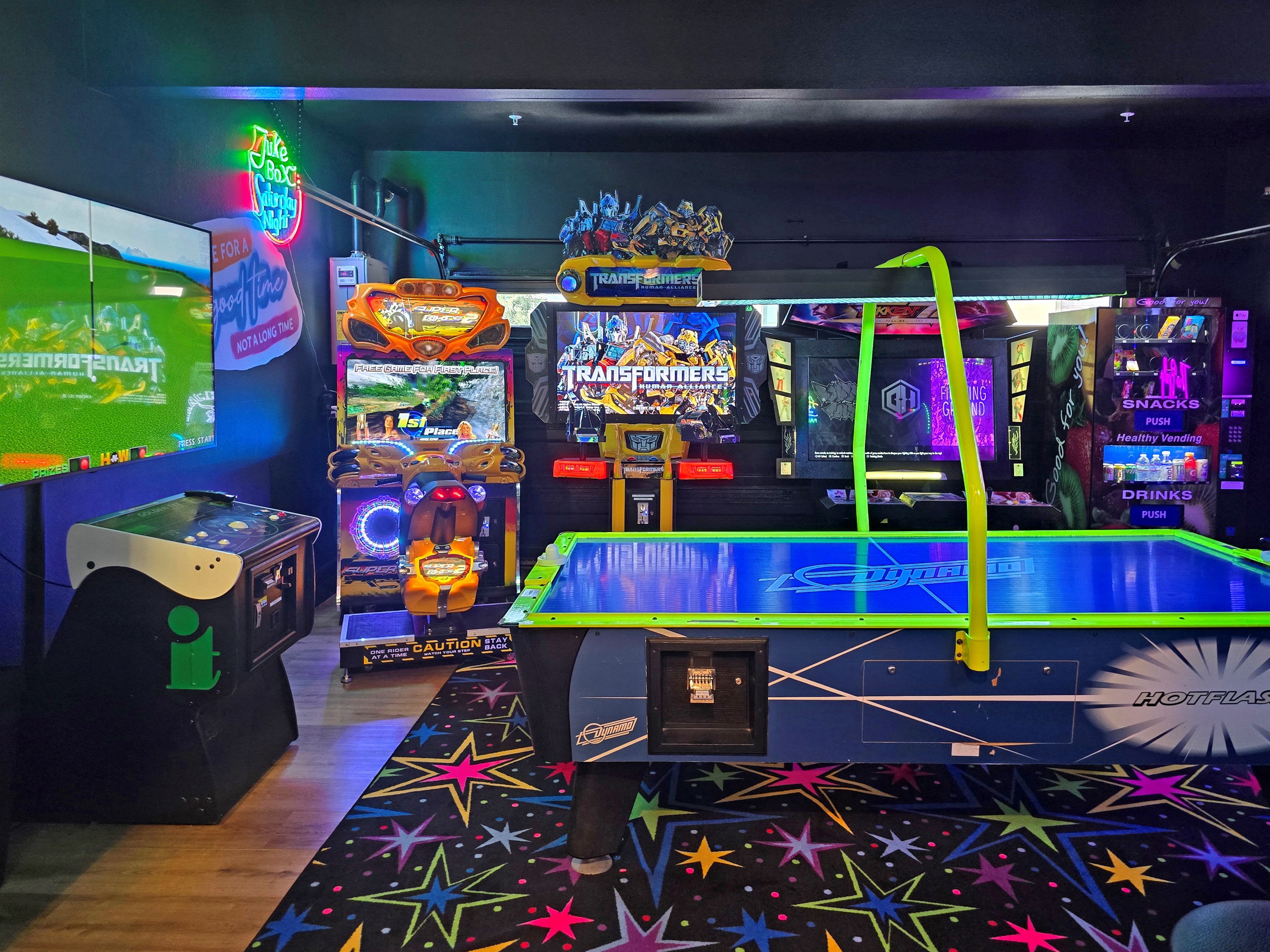 Commerical grade arcades include Golden Tee, Air Hockey, Super Bikes 2, Transformers, Tekken7, and so much more for hours of entertainment!