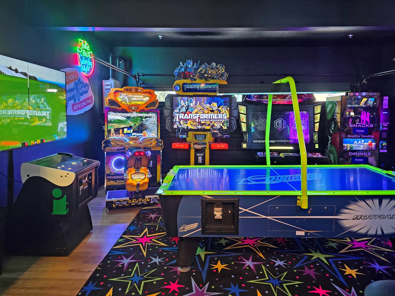 Commerical grade arcades include Golden Tee, Air Hockey, Super Bikes 2, Transformers, Tekken7, and so much more for hours of entertainment!