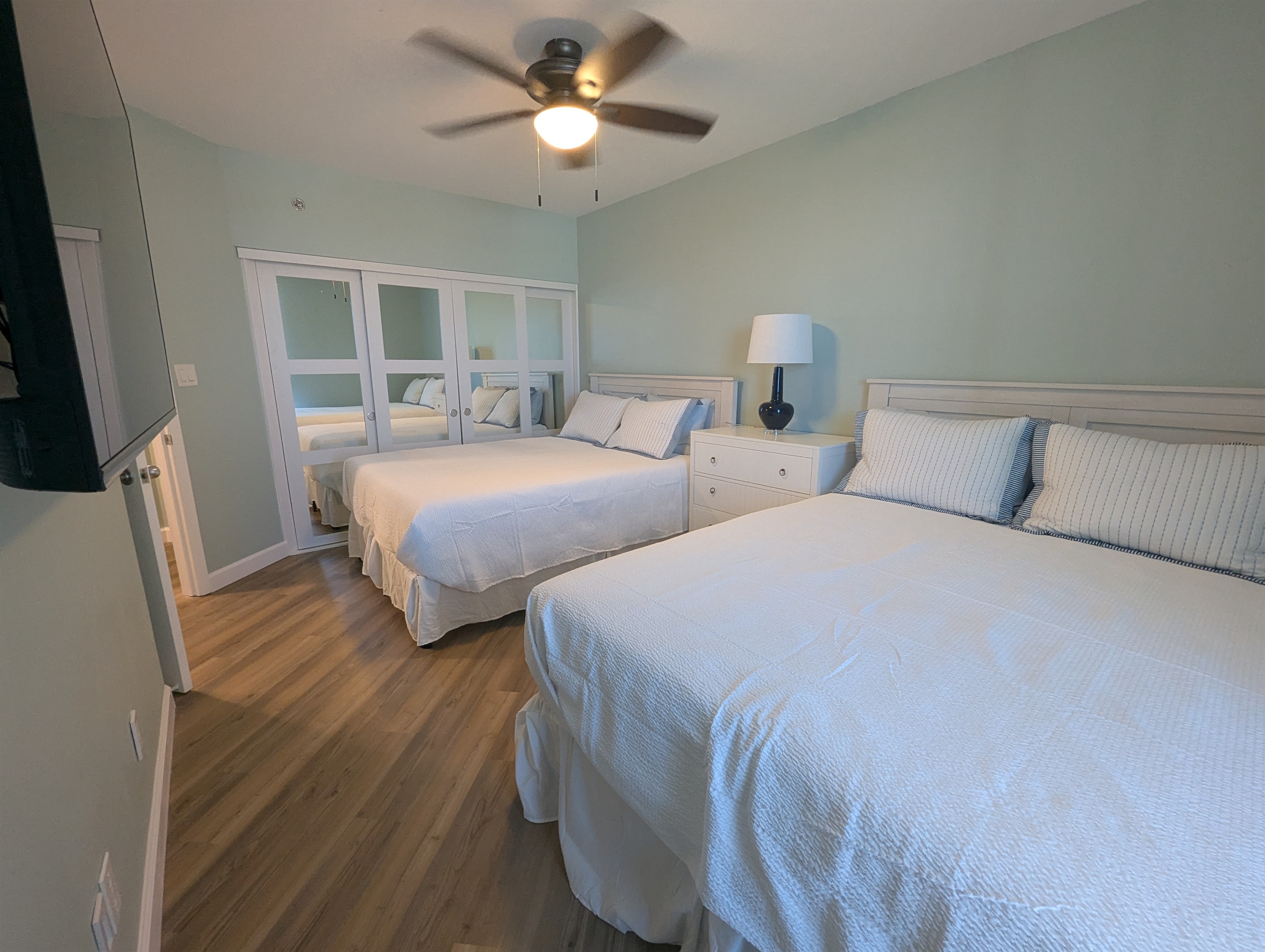 Dual queen bedroom taken from the window