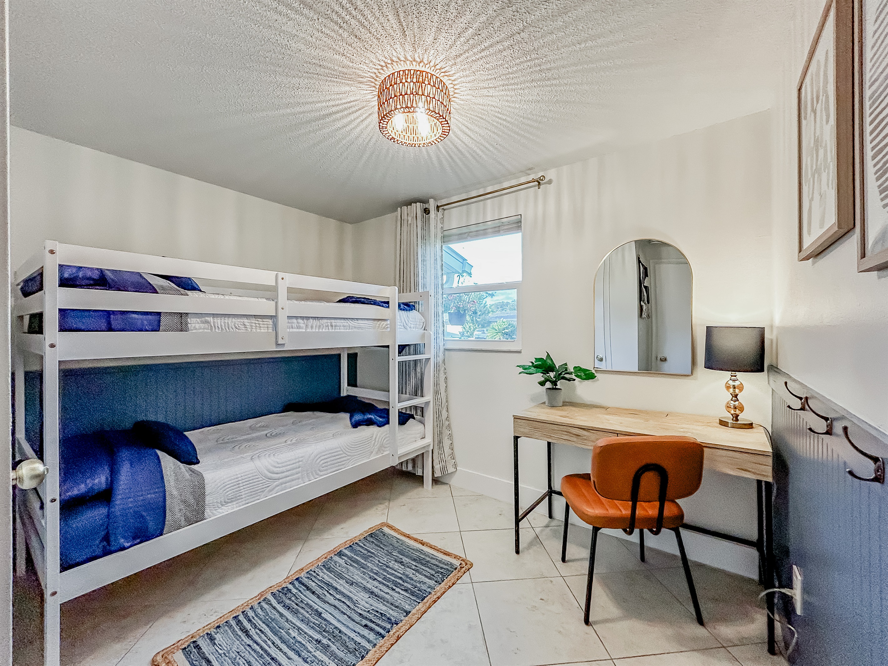 Kids Bedroom/Designated Work Space with Bunk Bed, Desk with Chair, Mirror, Lamp & Closet