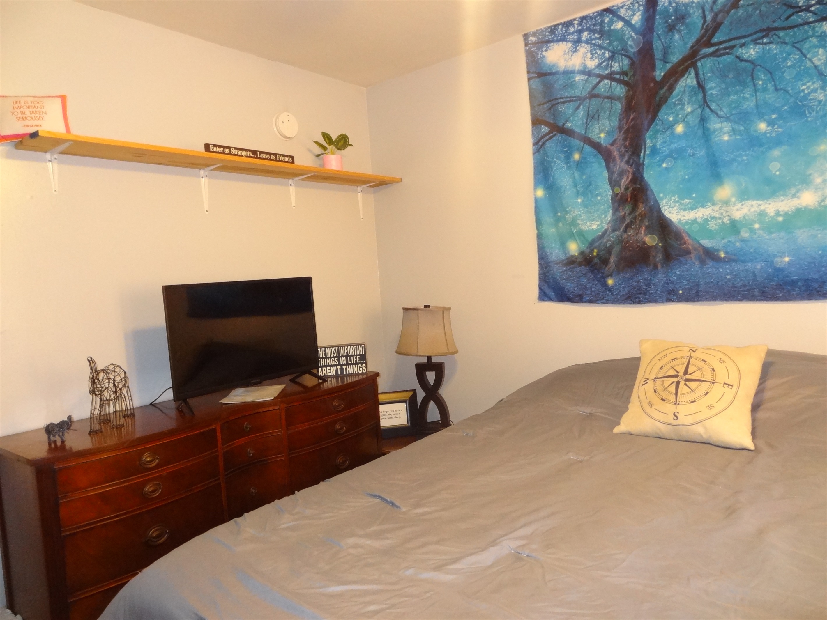 Master bedroom with queen bed, Roku smart TV, dresser, ceiling fan, and desk
