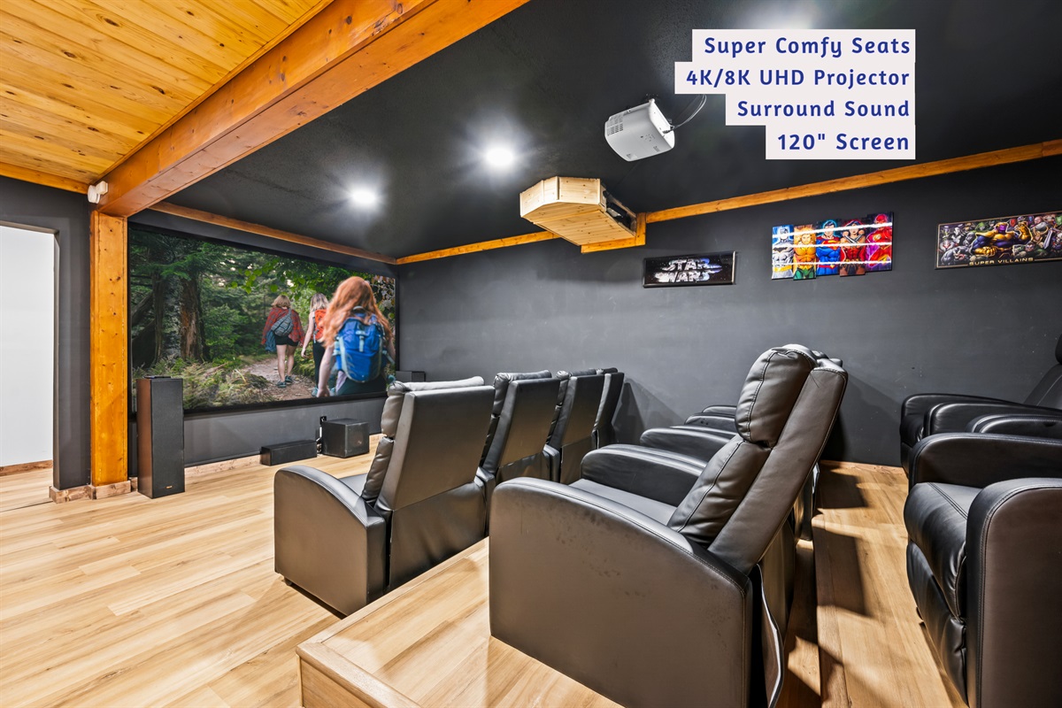 Your Private Home Theater w/ 12 Recliners, 120" Screen, 4K/8K UHD HDR, Dolby Sound, Roku TV & Smart Apps for Ultimate Movie Nights!