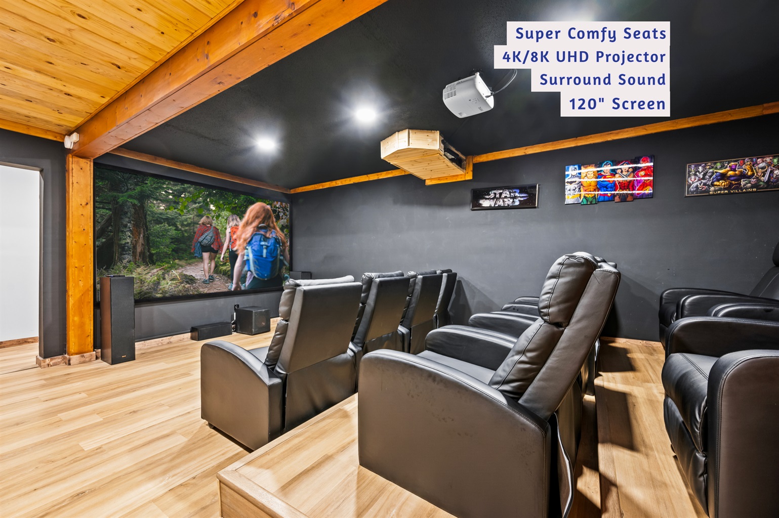 Your Private Home Theater w/ 12 Recliners, 120" Screen, 4K/8K UHD HDR, Dolby Sound, Roku TV & Smart Apps for Ultimate Movie Nights!
