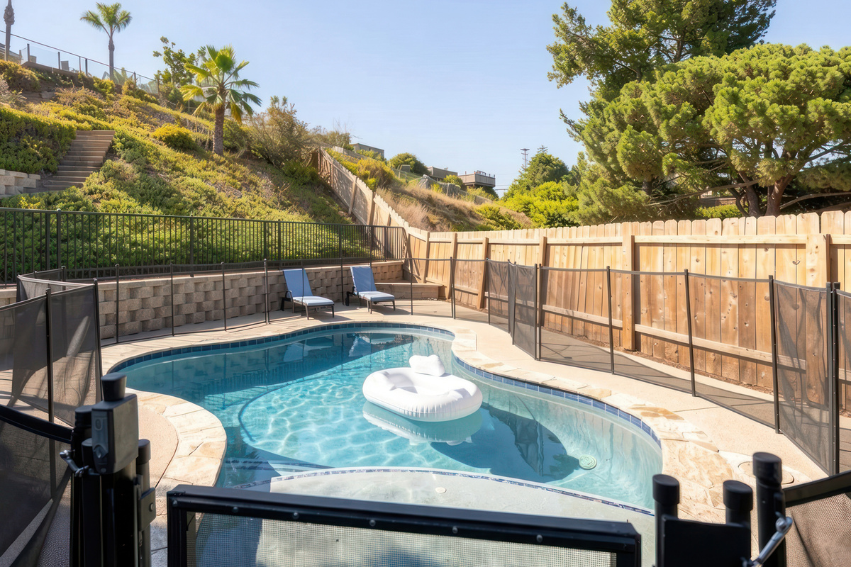 Maximum pool depth about 6 ft and very shallow at steps