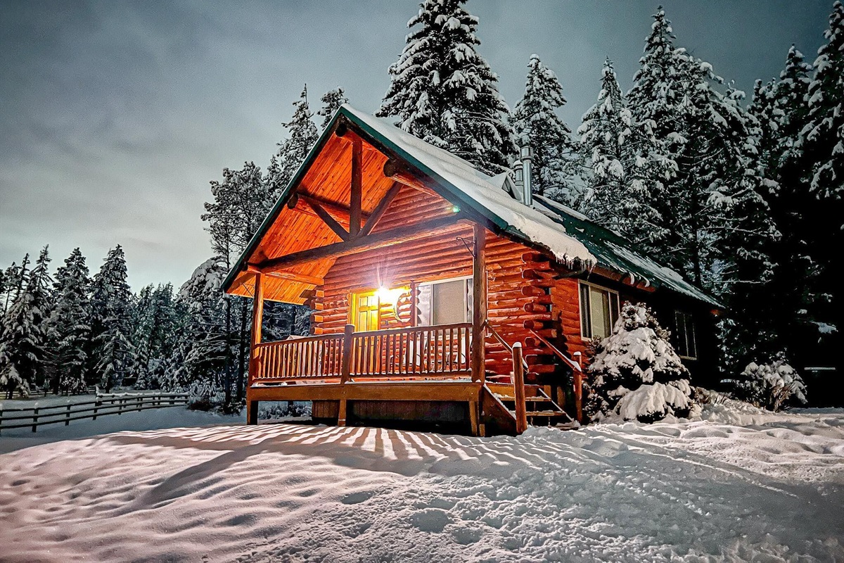 Front of cabin in winter