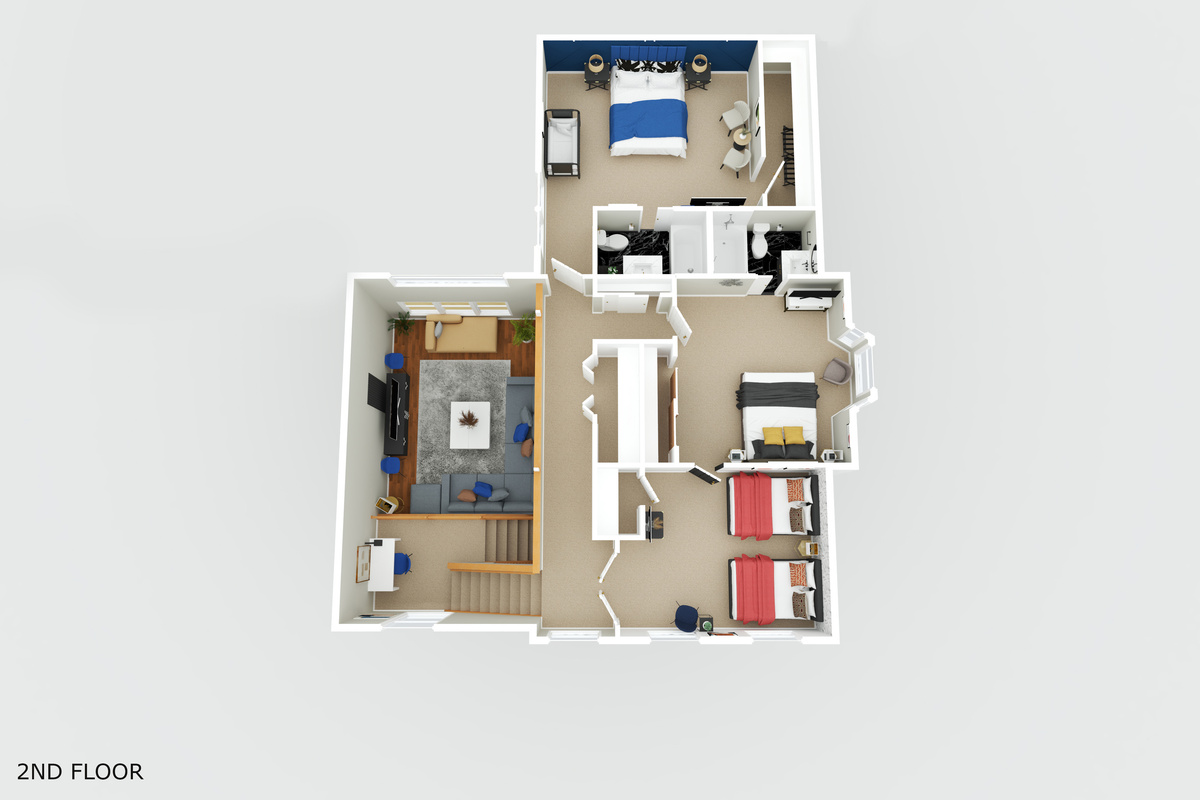 3D Floor Plan Showing 2nd Level with 3 bedrooms, 2 bathrooms and open to the living space below