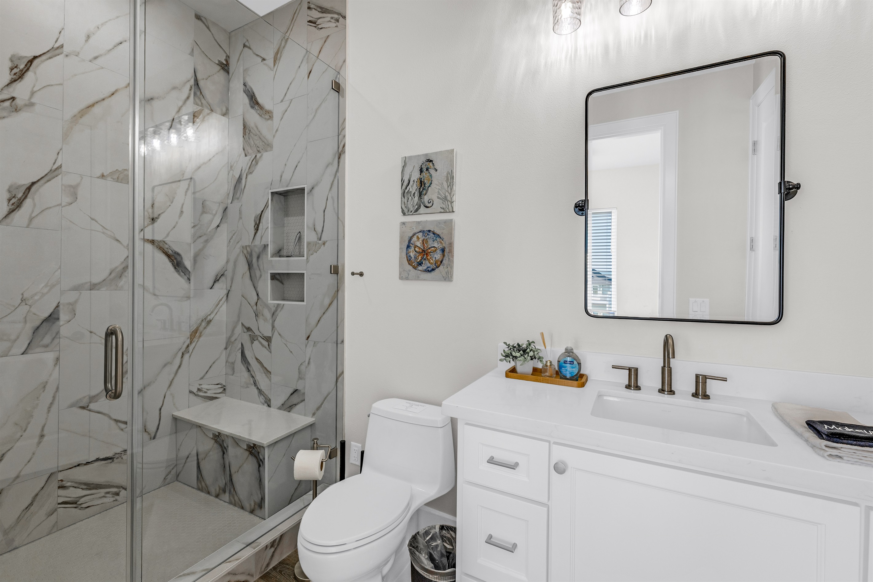 Costa Cristal Bathroom 3 Ensuite: Natural light fills this bathroom, highlighting the sleek shower and creating an airy, welcoming space. Services bedroom 2.