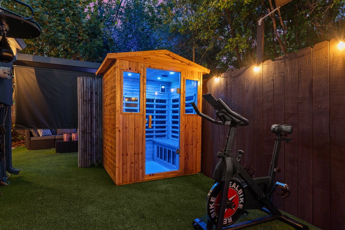 Step into your private outdoor sauna for 4 people w/ 4 LED lights and bluetooth speakers—relax, detox, and unwind.