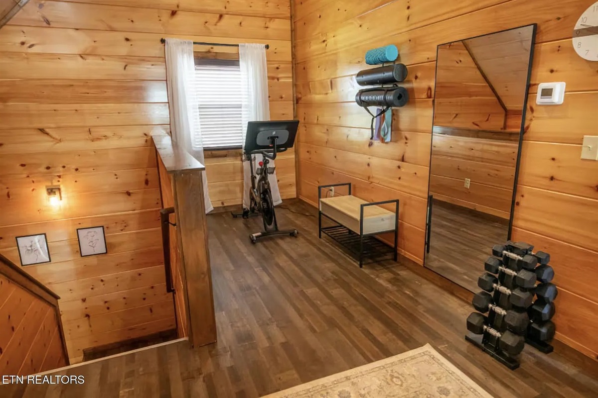 Marigold Cabin features a private home gym stocked with fitness equipment, so you never have to skip a workout on vacation. This rare amenity puts Marigold among the top fitness-friendly cabin rentals in Pigeon Forge, TN &mdash; perfect for active travelers 