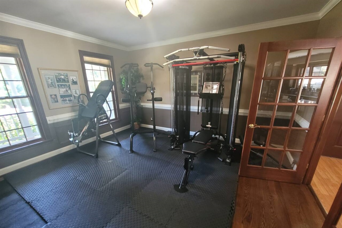 Exercise Room with Inspire F2 functional trainer, pull up bar, dip bar, equipment to hang upside down from feet to stretch back