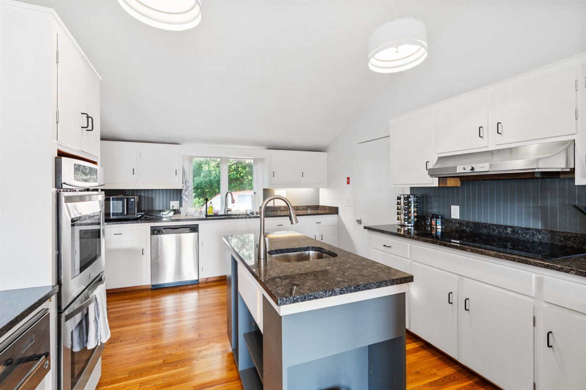 Kitchen with new granite counters, induction stove top including coffee and basic spices