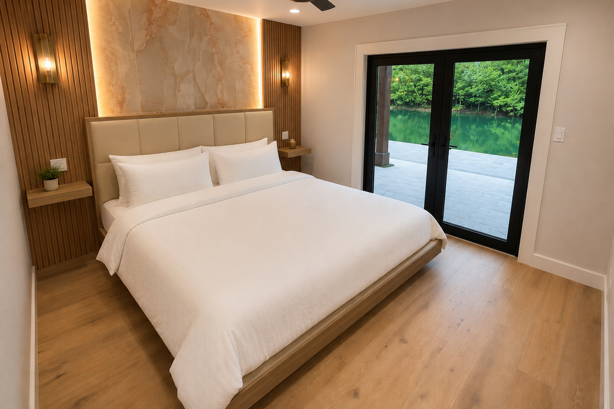 Downstairs king bed, exit door to outdoor living space and pond view