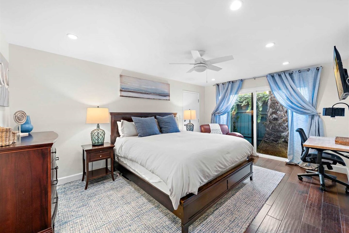 The Master Bed Room has a California King bed with plenty of storage for your clothes and personal items.  It also has black-out curtains so you can sleep in if you choose.