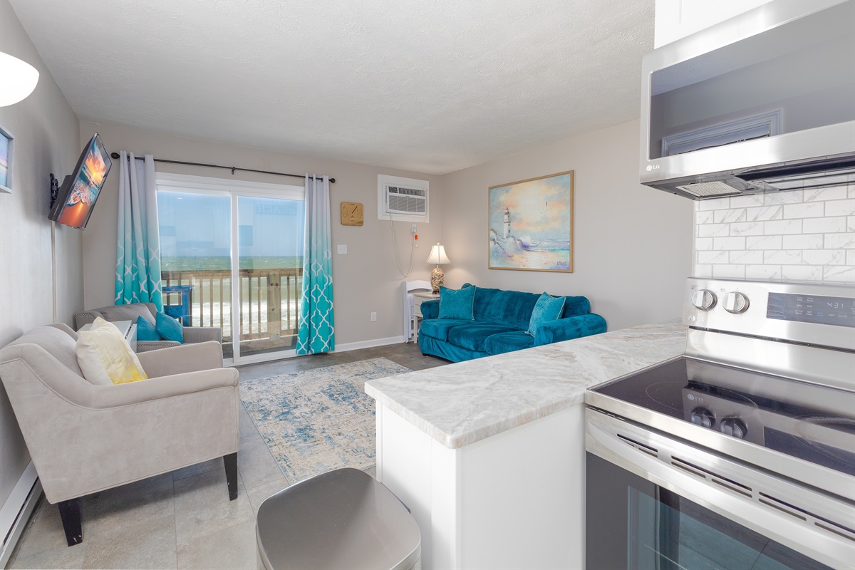 Views of the ocean from the kitchen, flowing into the living room