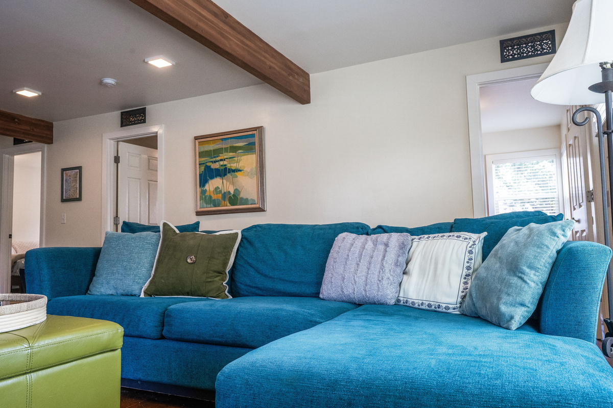 The couch unfolds into a full-size sofa bed, which makes for a very cozy movie night! 
