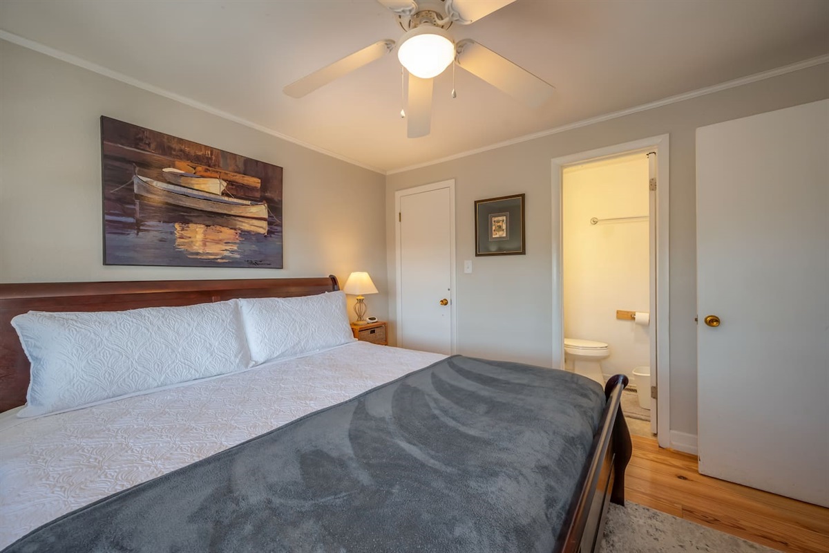 Primary bedroom with king bed and private full bathroom
Main level of cabin