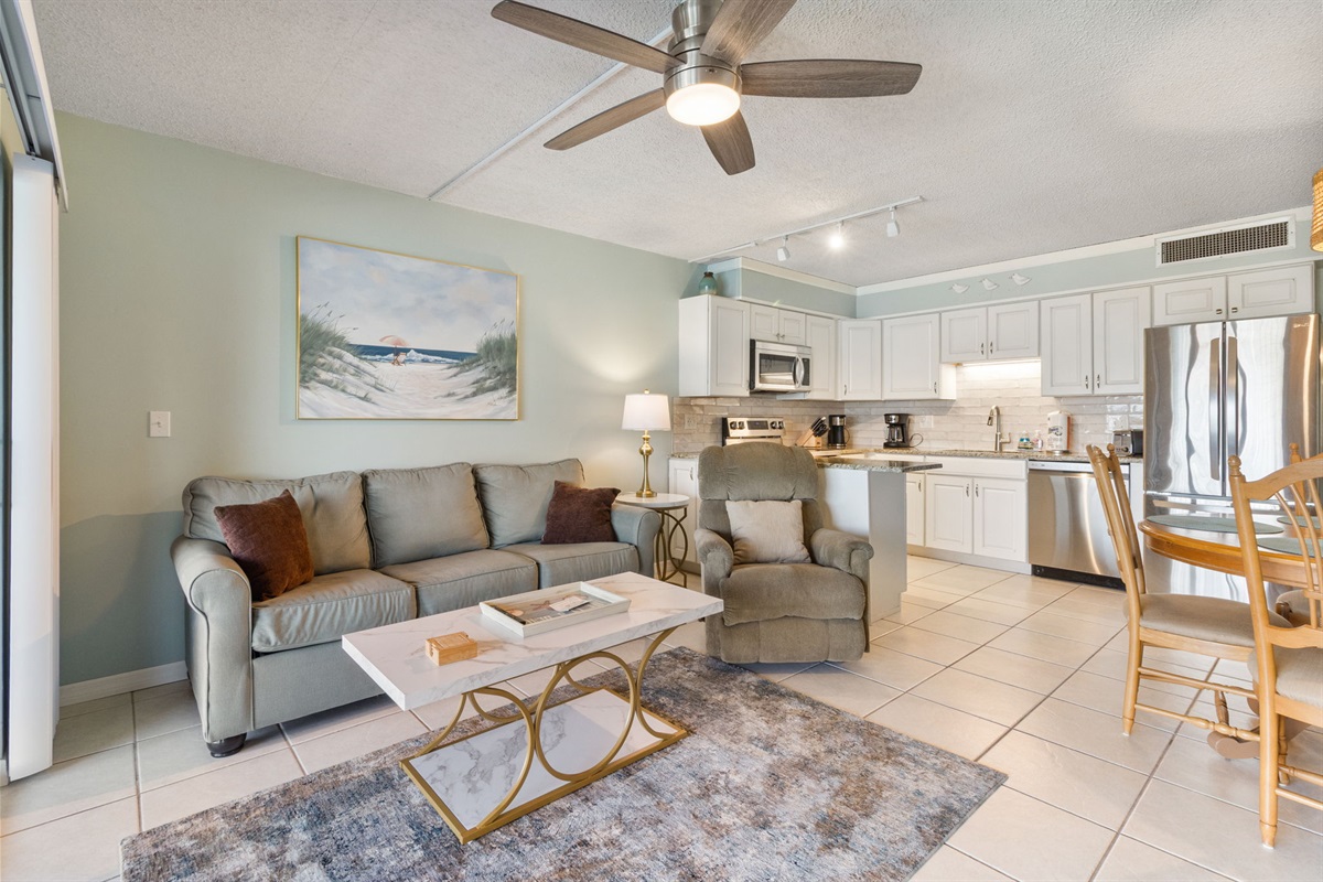 Living area has queen-sized pull-out sofa.