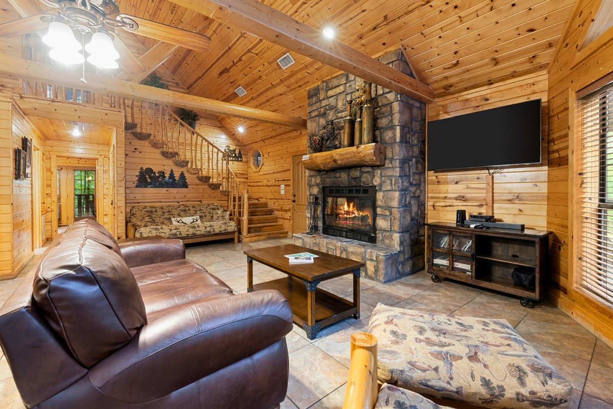 Spacious living room with rustic touches and natural light.