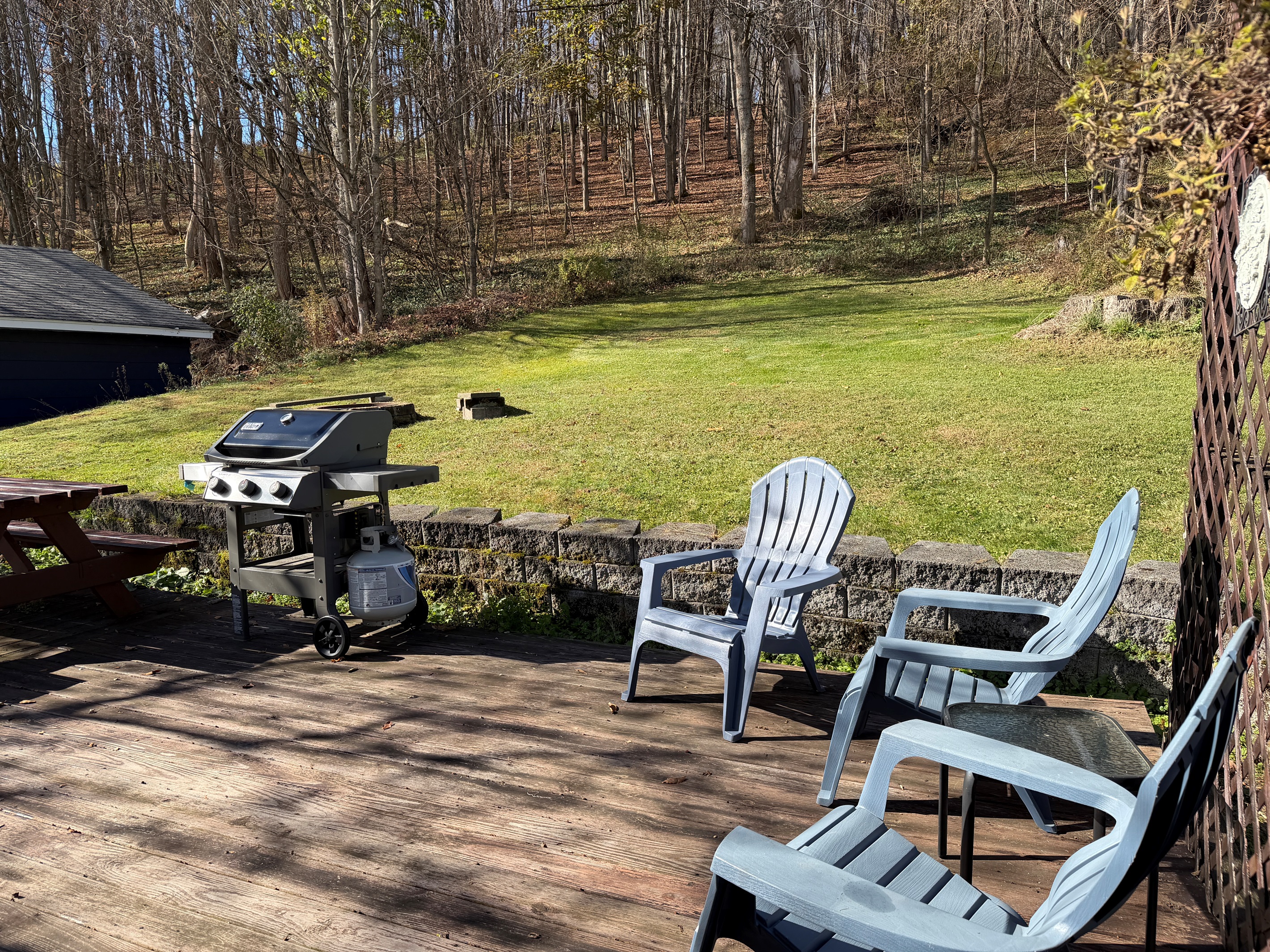 Diamond Dreams back deck with seating and gas grill.