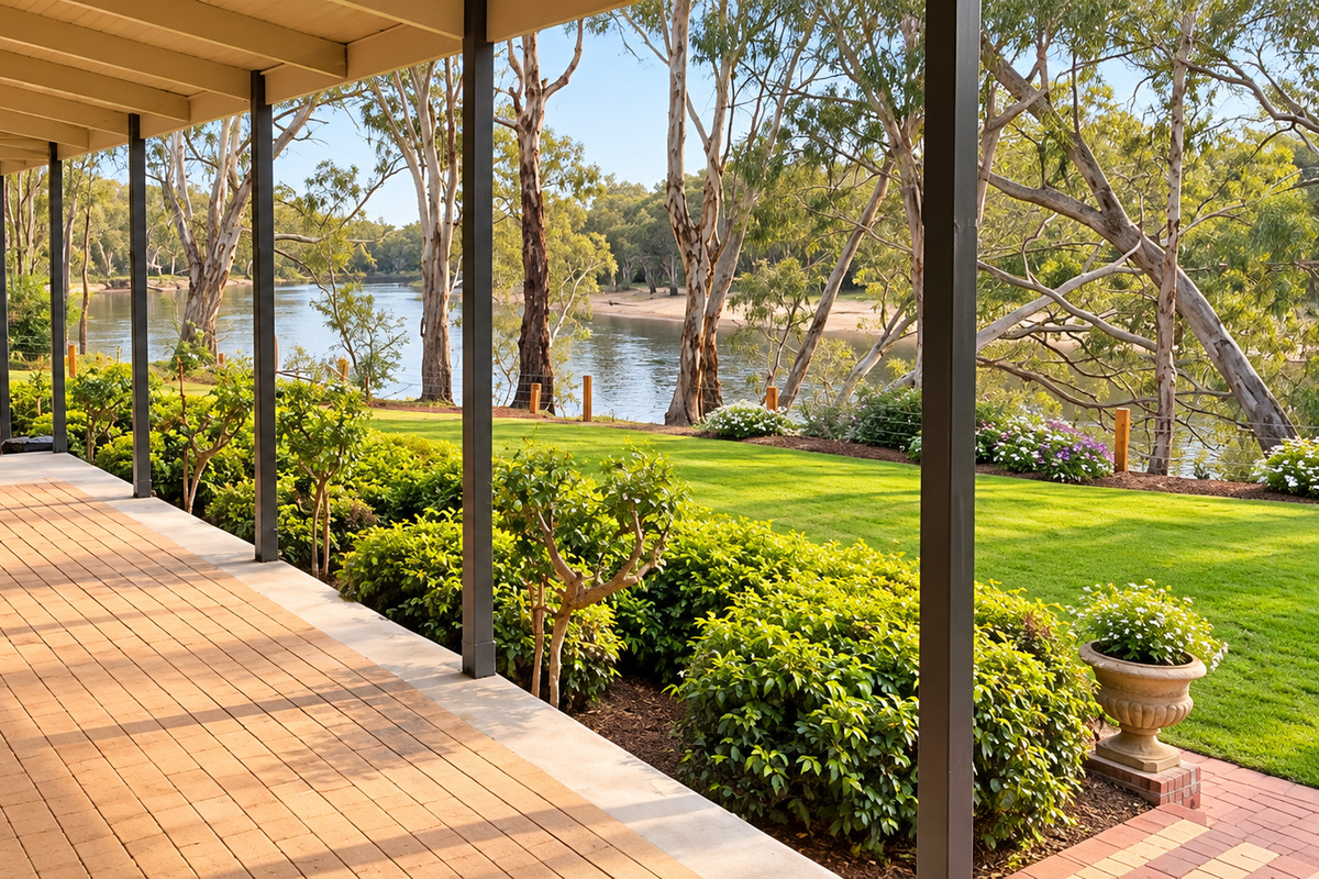 A picturesque riverside verandah offering uninterrupted glimpses of the Murray River, perfect for enjoying the peaceful natural surroundings.