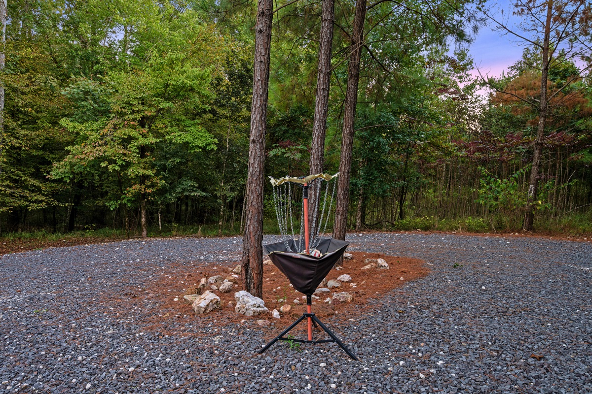 A disc golf basket set among the trees adds a fun outdoor activity right on the property for guests who want a little friendly competition.