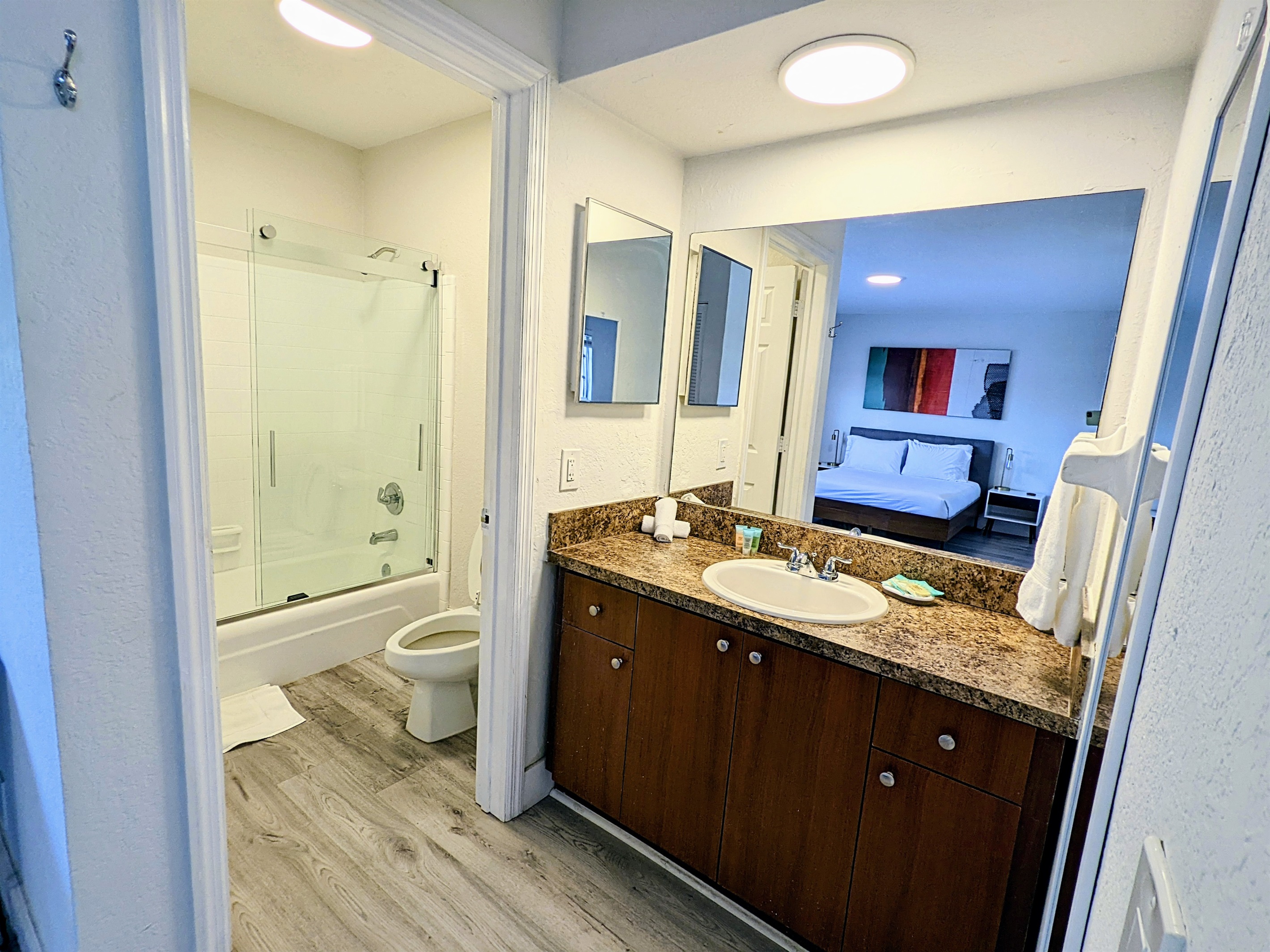 Featuring a convenient exterior sink with full stocked bath products.