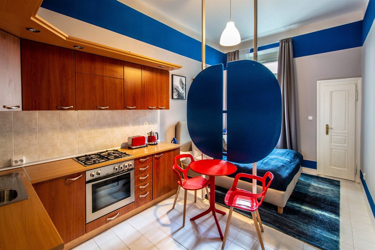 1st room of the apartment divided in 2 zones: kitchen area ana sleeping area