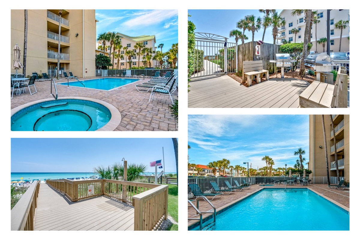 Emerald Dunes offers everything you need for a perfect beach stay! Large pool, hot tub, grilling area, and a private boardwalk with direct access to Destin&rsquo;s white-sand shoreline.