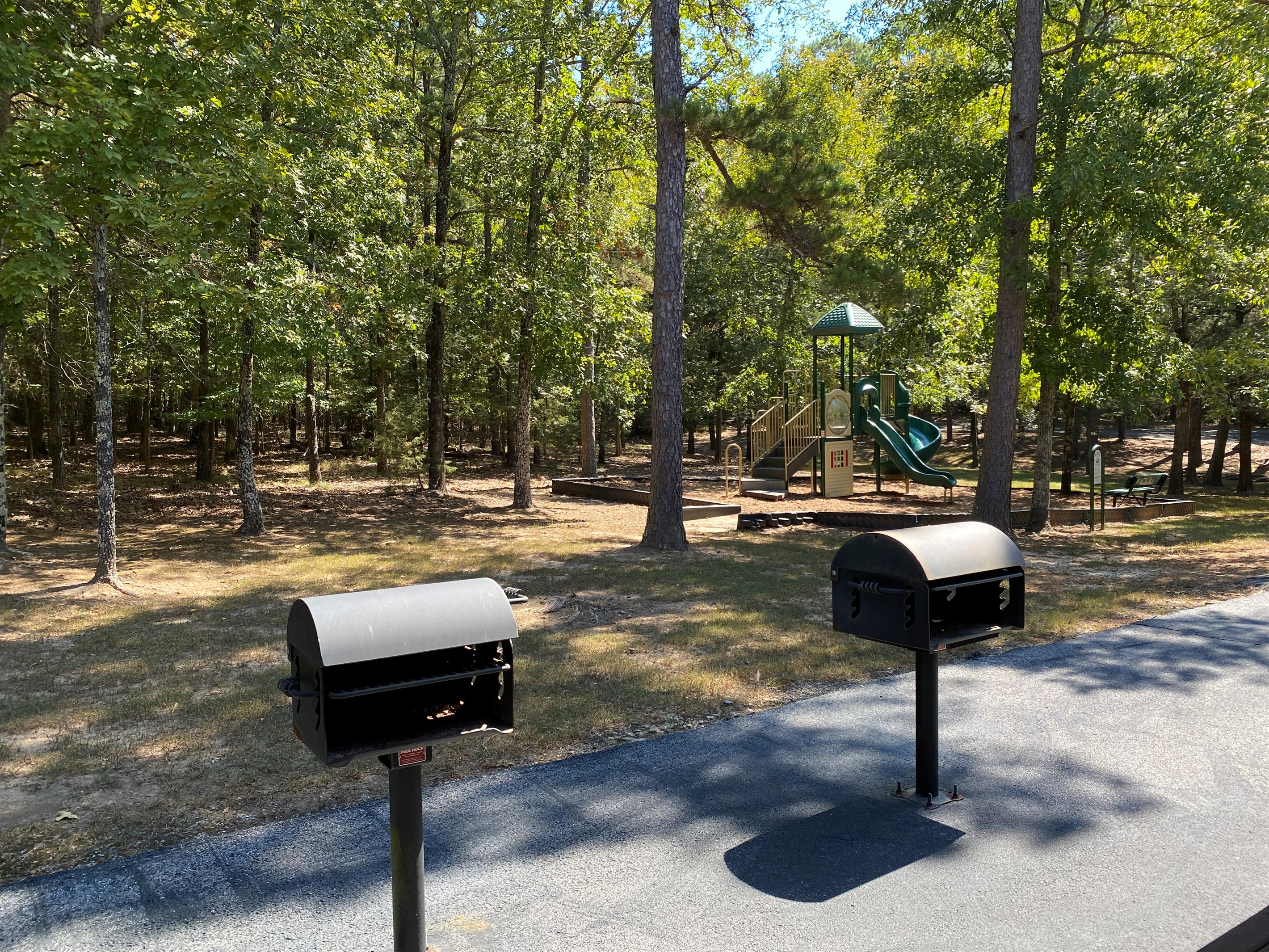 Fire up the charcoal grills near the playground for a laid-back cookout while the kids enjoy the slides and swings.