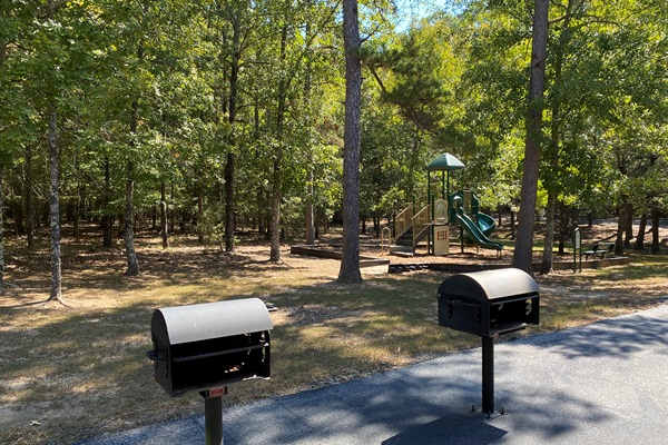 Fire up the charcoal grills near the playground for a laid-back cookout while the kids enjoy the slides and swings.
