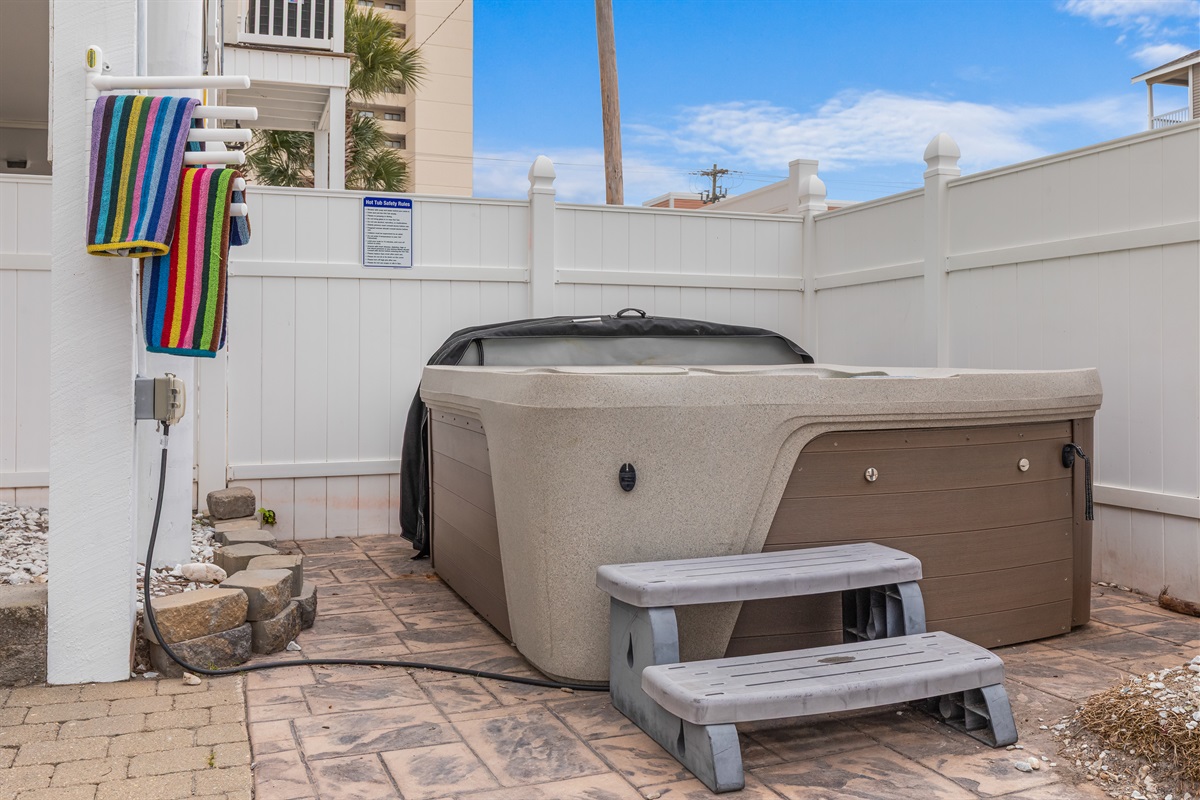 Take a soak in the 5 person hot tub