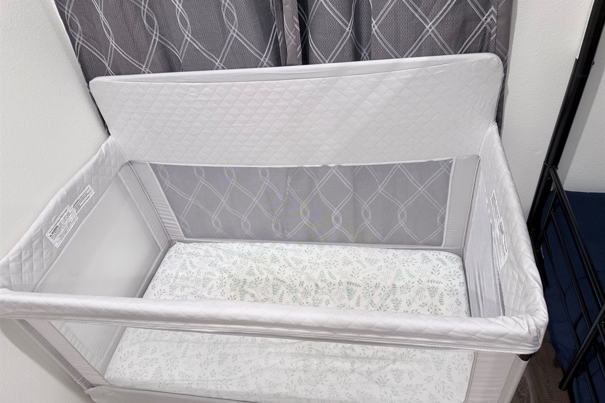 Baby crib and packable on site. High chair is on site as well