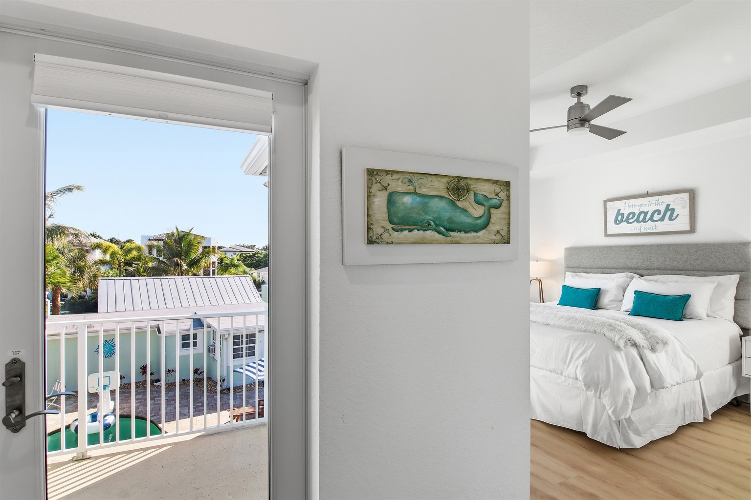 King primary suite, second floor, pool view, balcony access, new flooring