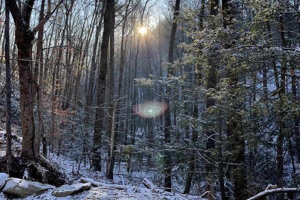 A cold winter morning and the sun rising over the snow covered creek below.  You're wrapped in a cozy blanket, enjoying your steaming hot coffee.