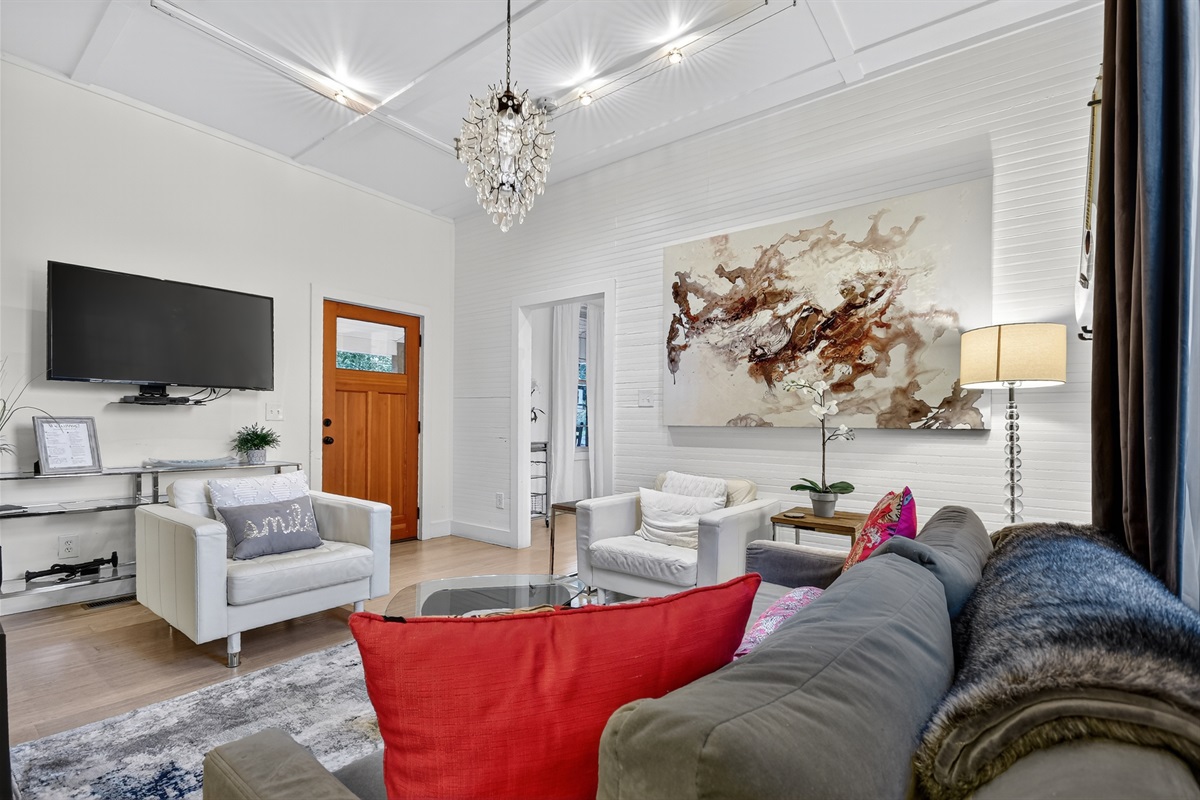 Stylish, cozy, and full of natural light&mdash;this living room invites you to kick back, stream your favorites, or plan your next Blue Ridge adventure from the comfort of the couch.