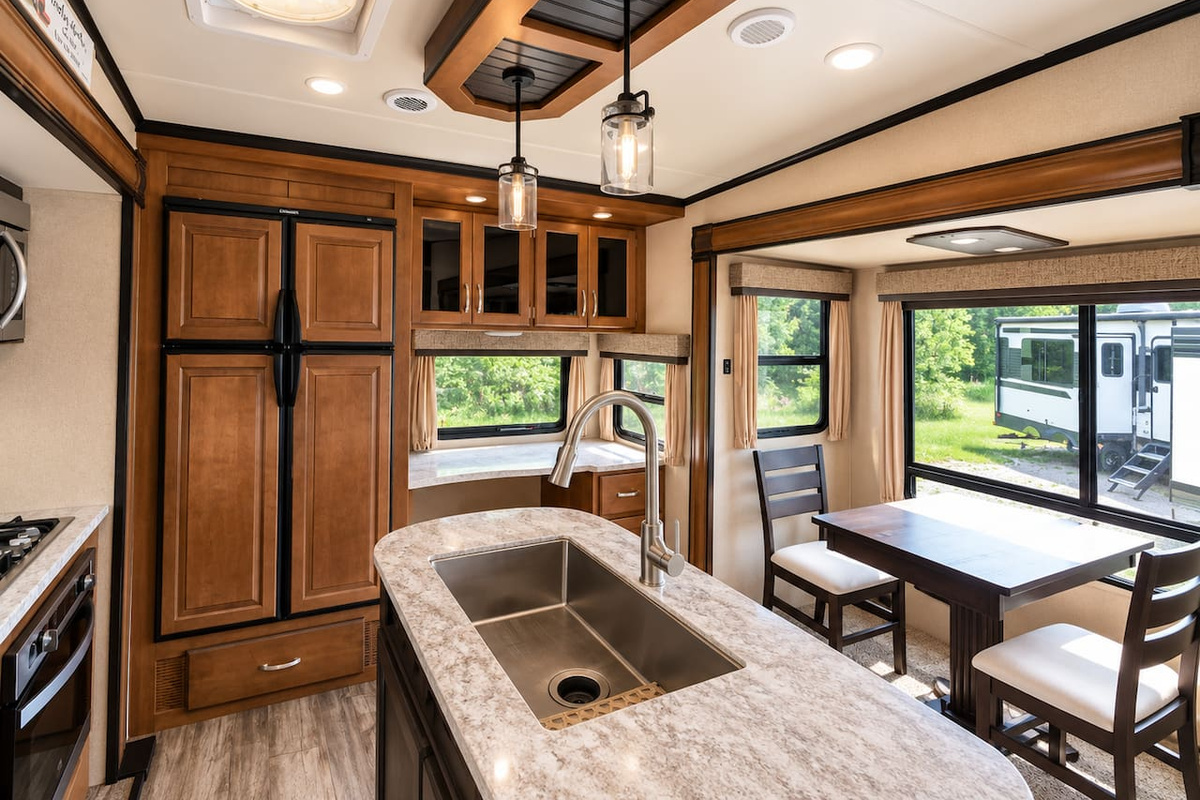 Kitchen and dining area. Kitchen island with sink and solid surface countertops