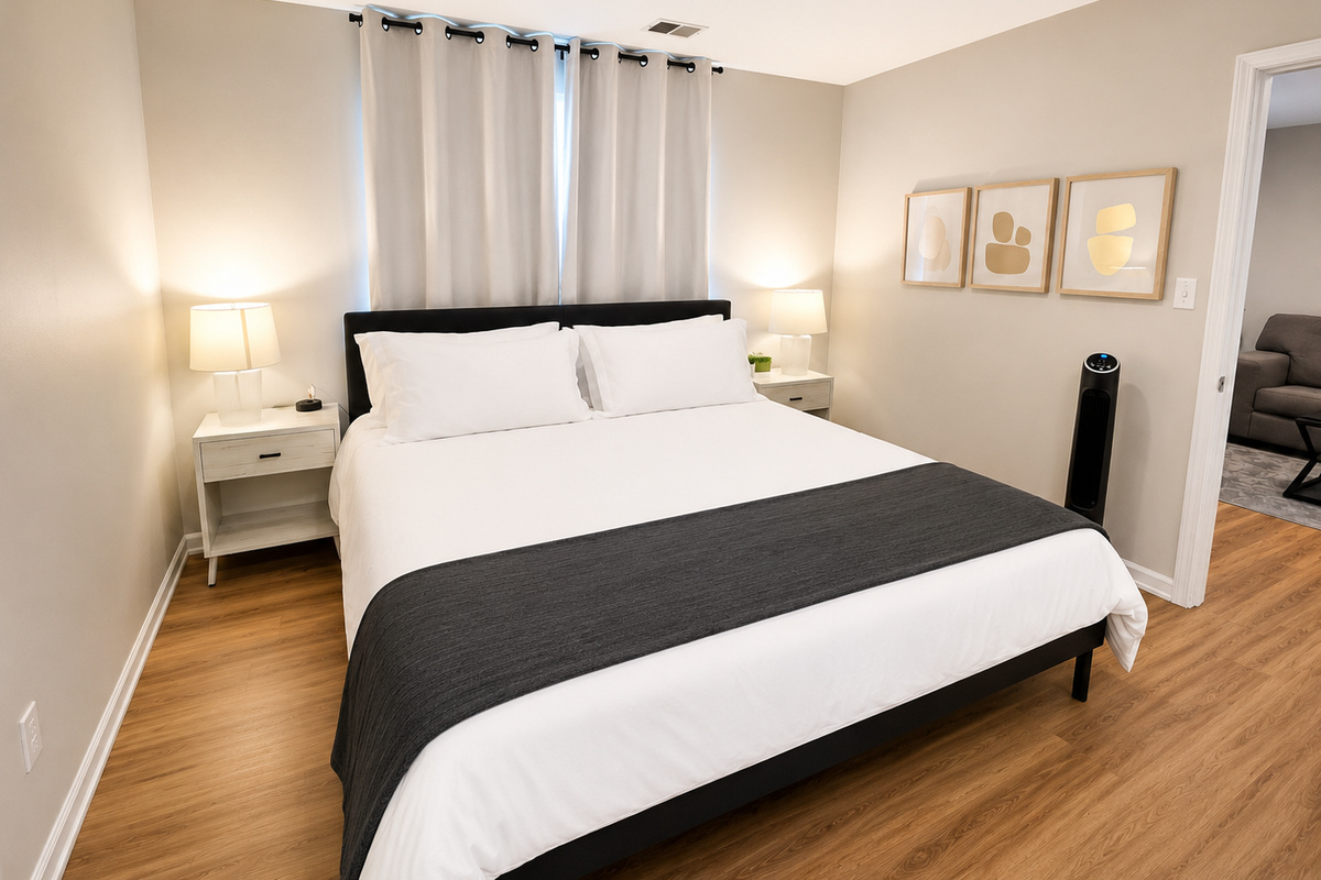 Experience the luxurious comfort of our king-size bed adorned with opulent linens and plush pillows.