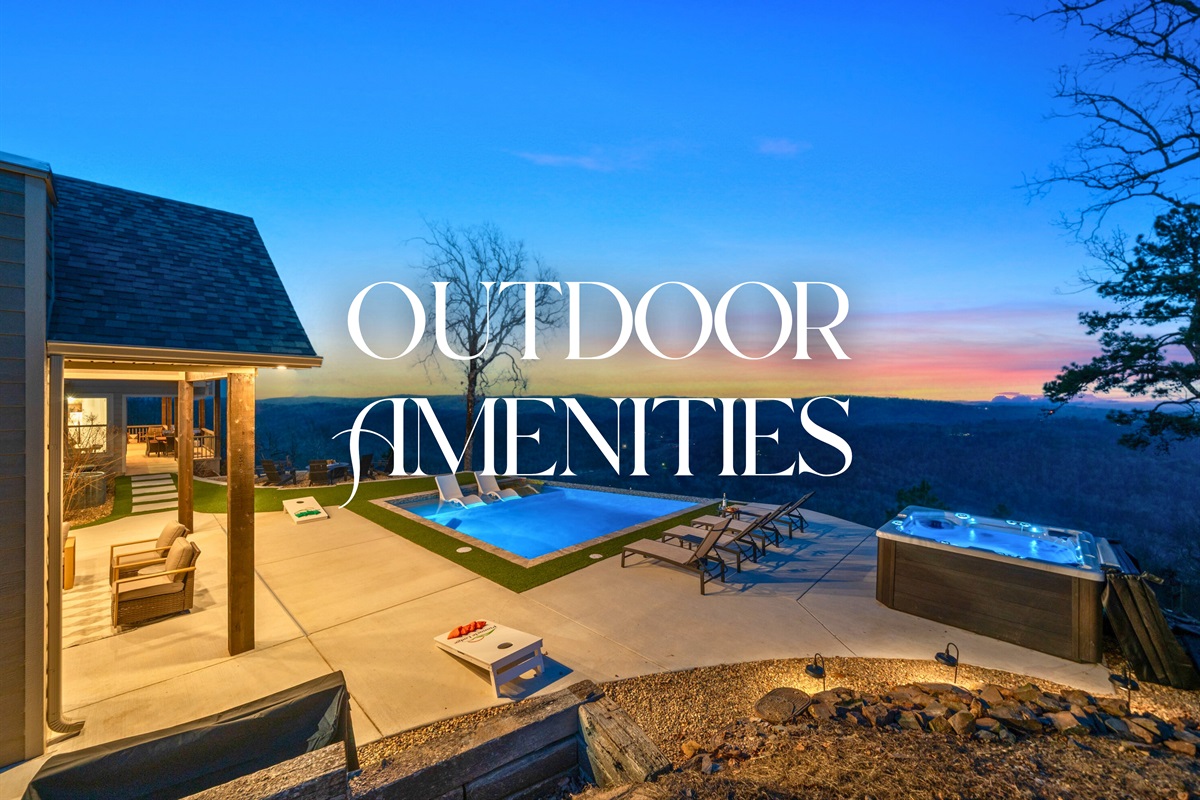 The outdoor amenities truly shine at sunset, when the pool, patio, and mountain views come together in one unforgettable scene.