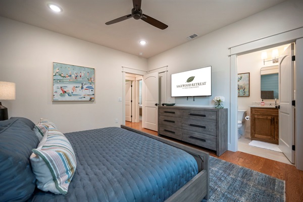 A serene bedroom designed for true relaxation, complete with calming colors and forest views. 🤍😌