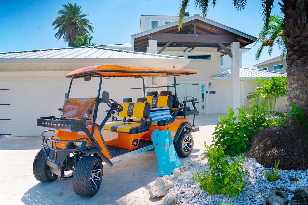 six seat golf cart with beach essentials