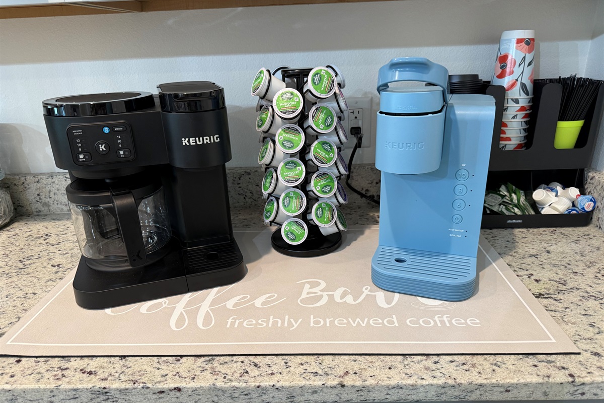 Drip and K Cup coffee machines. Sample kit of k cups and creamers provided