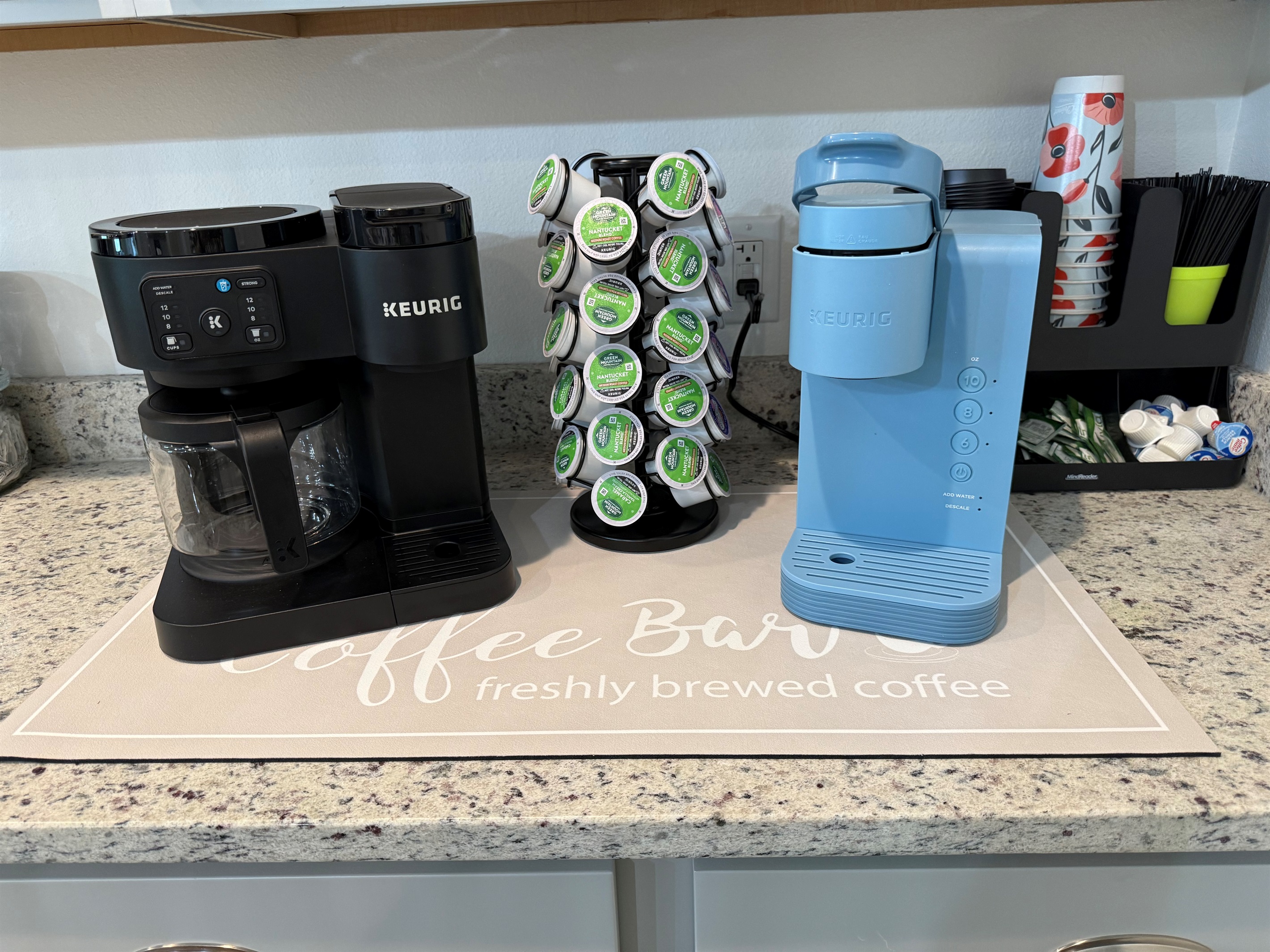 Drip and K Cup coffee machines. Sample kit of k cups and creamers provided