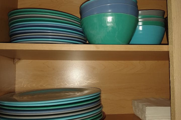 Outside non-breakable dishes.
