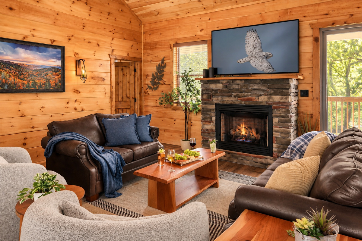 Gas fireplace, wall-mounted TV, and deep leather sofas for family movie nights.