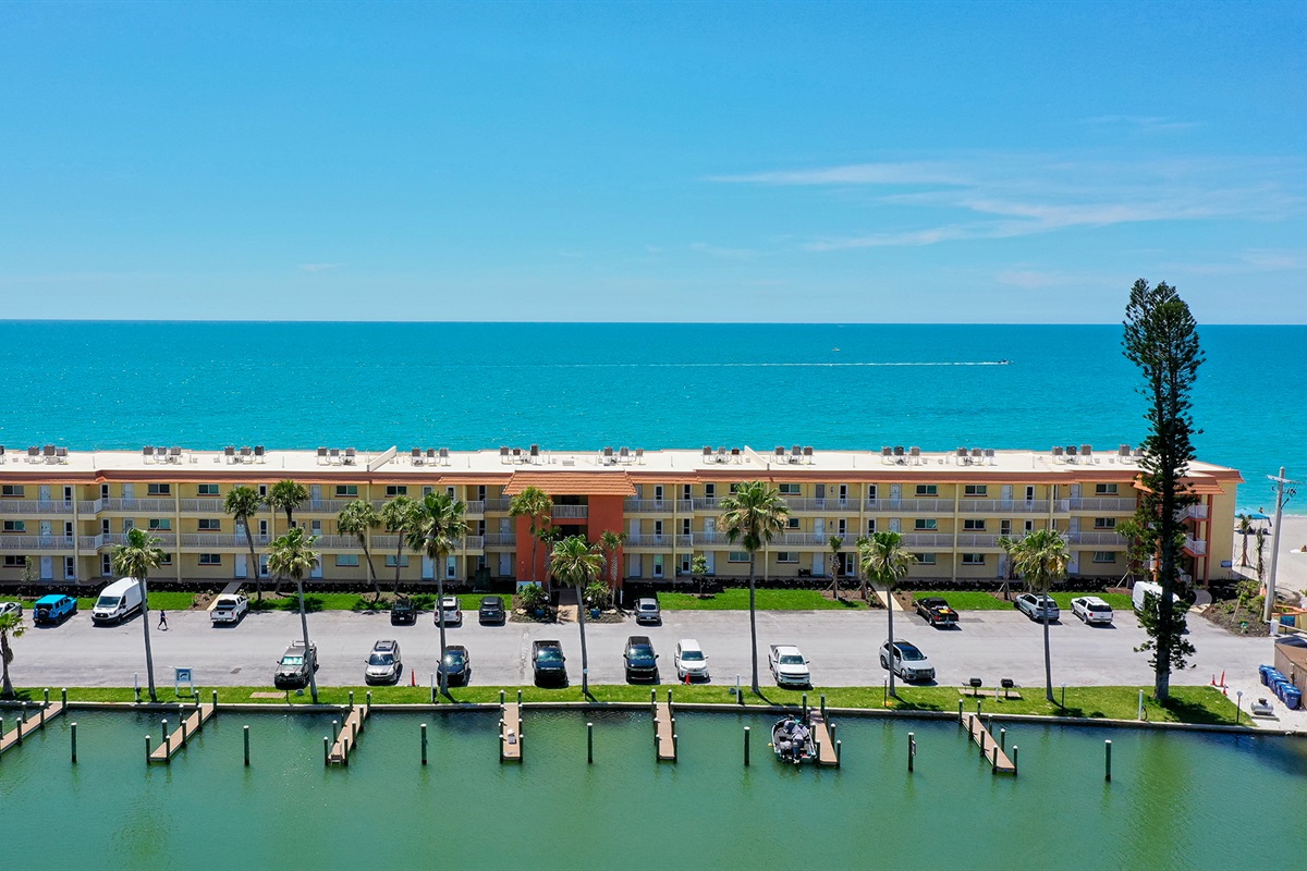 2026 Aerial of our free boat docks for guests