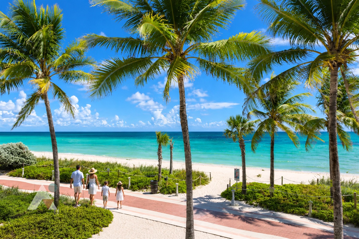 The gated beach access path leads from the building straight onto the sand, with no roads to cross.