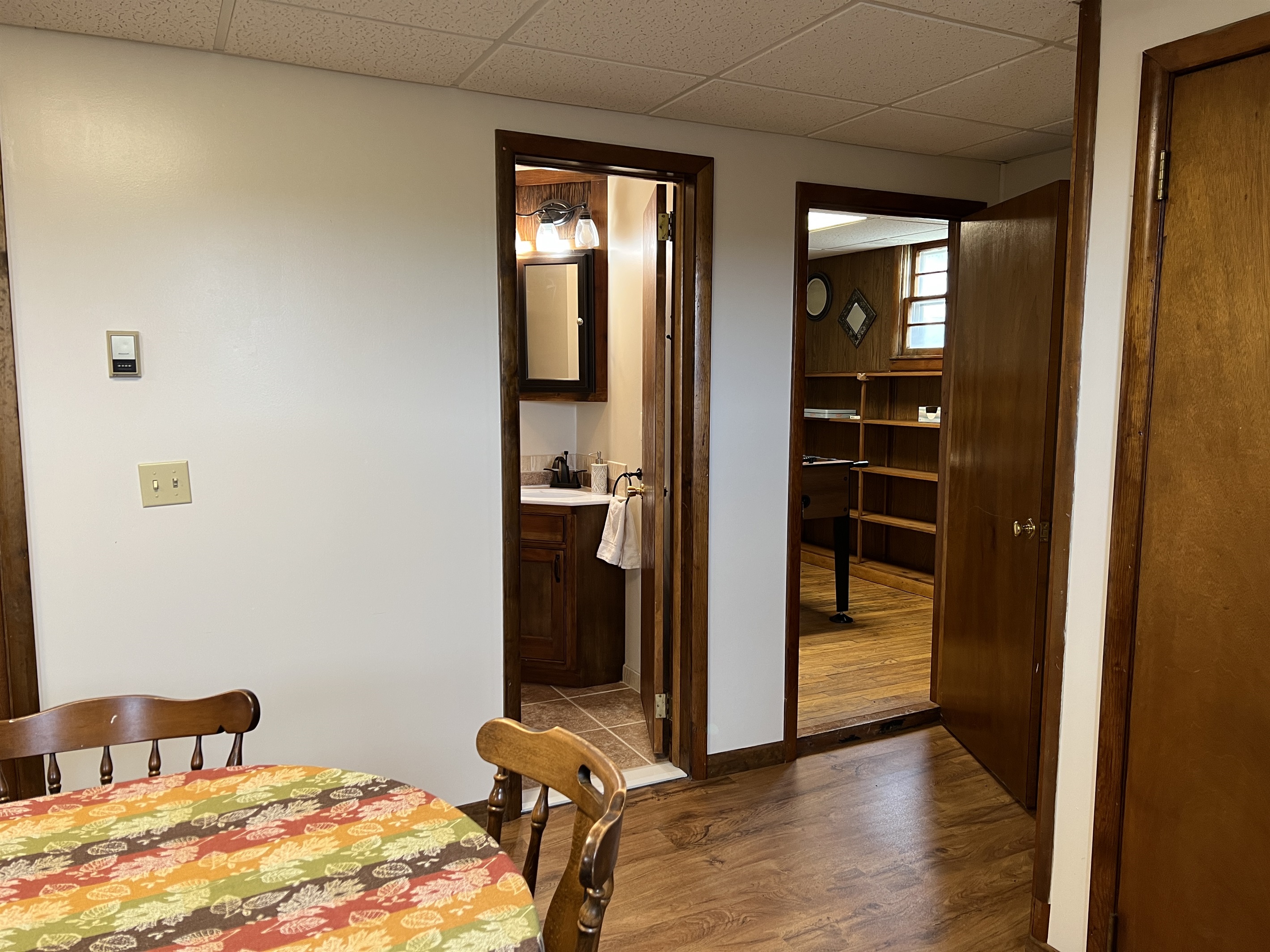 Layout of the lower level, bathroom on the left foosball on the right.