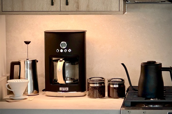 Grind fresh beans in our burr grinder and choose one of 3 great ways to make coffee.. pour over, French press & traditional drip.