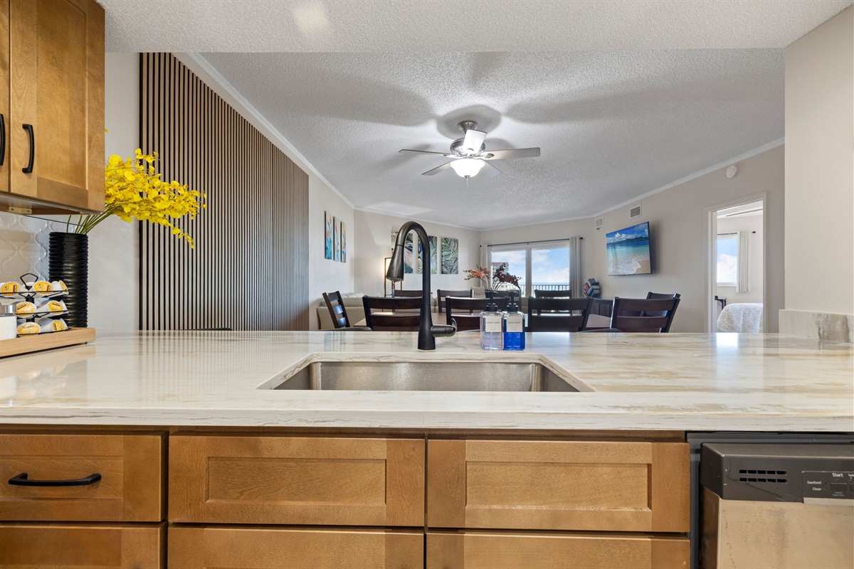 New completely renovated full stocked kitchen with quartz counter tops.