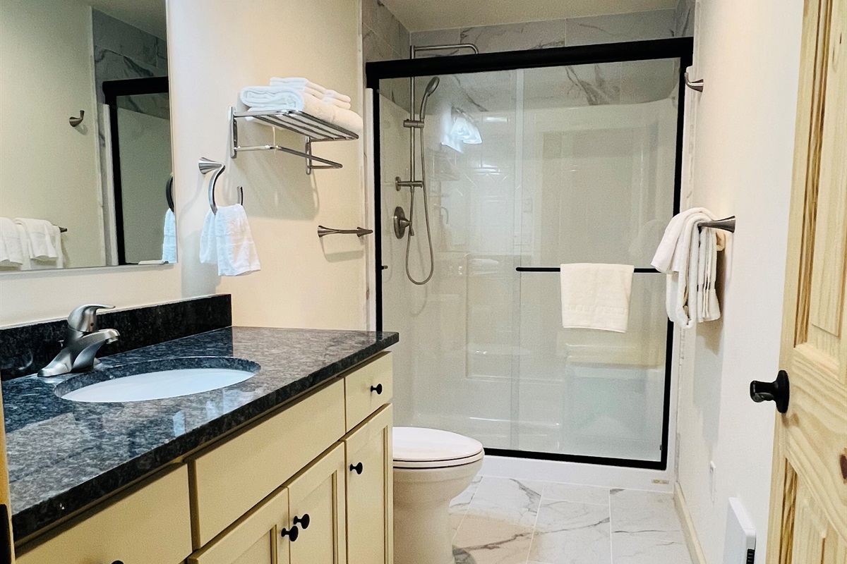 Downstairs bathroom offers walk-in shower, both waterfall and handheld shower heads and plenty of drawer and counter space.  Very private.